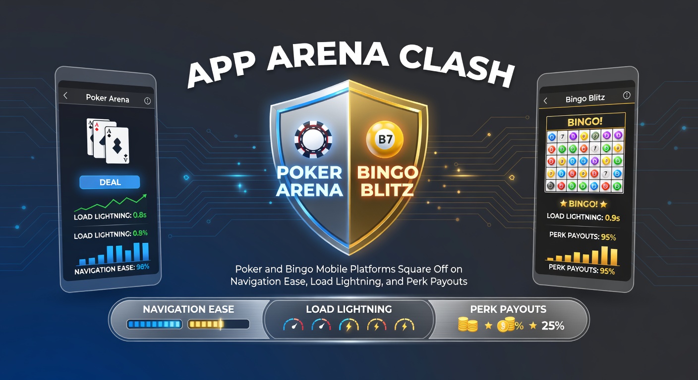 Smartphone screens displaying poker and bingo apps side by side, highlighting menu navigation and fast-loading game lobbies