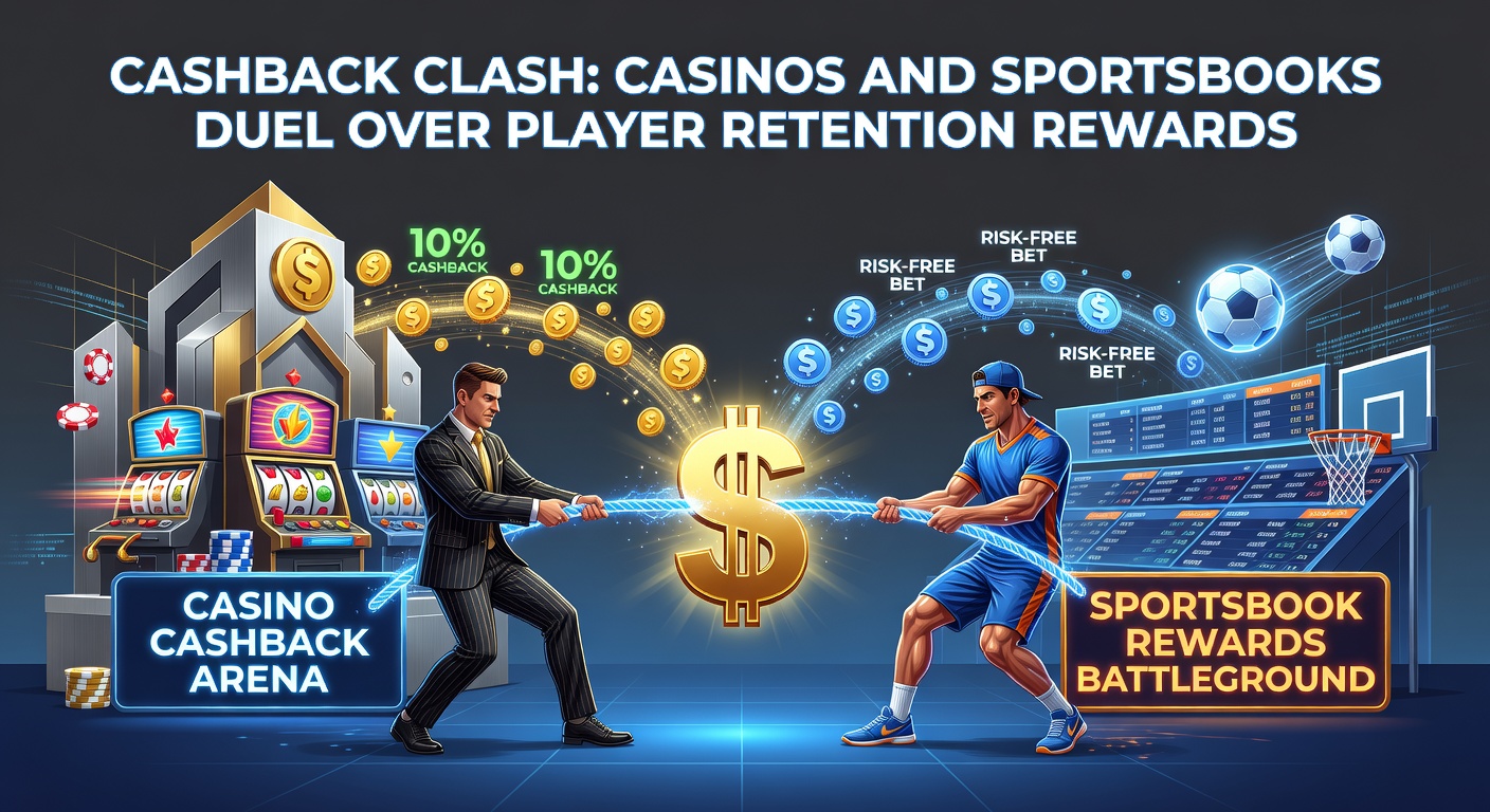 Vibrant digital graphic showing casinos and sportsbooks icons clashing over glowing cashback reward symbols, with player retention metrics in the background