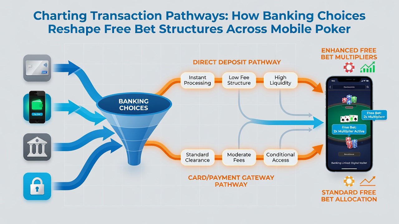 Mobile device displaying poker and bingo apps with overlaid transaction flow icons illustrating banking impact on bonuses