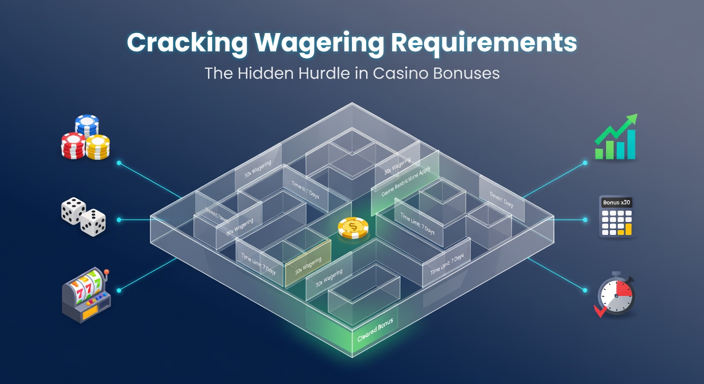 Player at laptop reviewing casino terms with frustrated expression, surrounded by icons of locks, timers, and wagering calculators