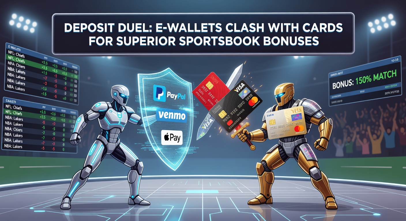 Comparison chart showing e-wallet bonuses towering over card offers, with sportsbook logos and deposit icons clashing dynamically