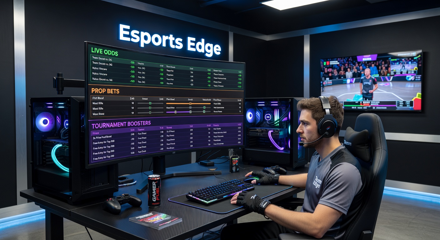 Close-up of a gamer at a desk with multiple screens showing prop bet options and live match stats