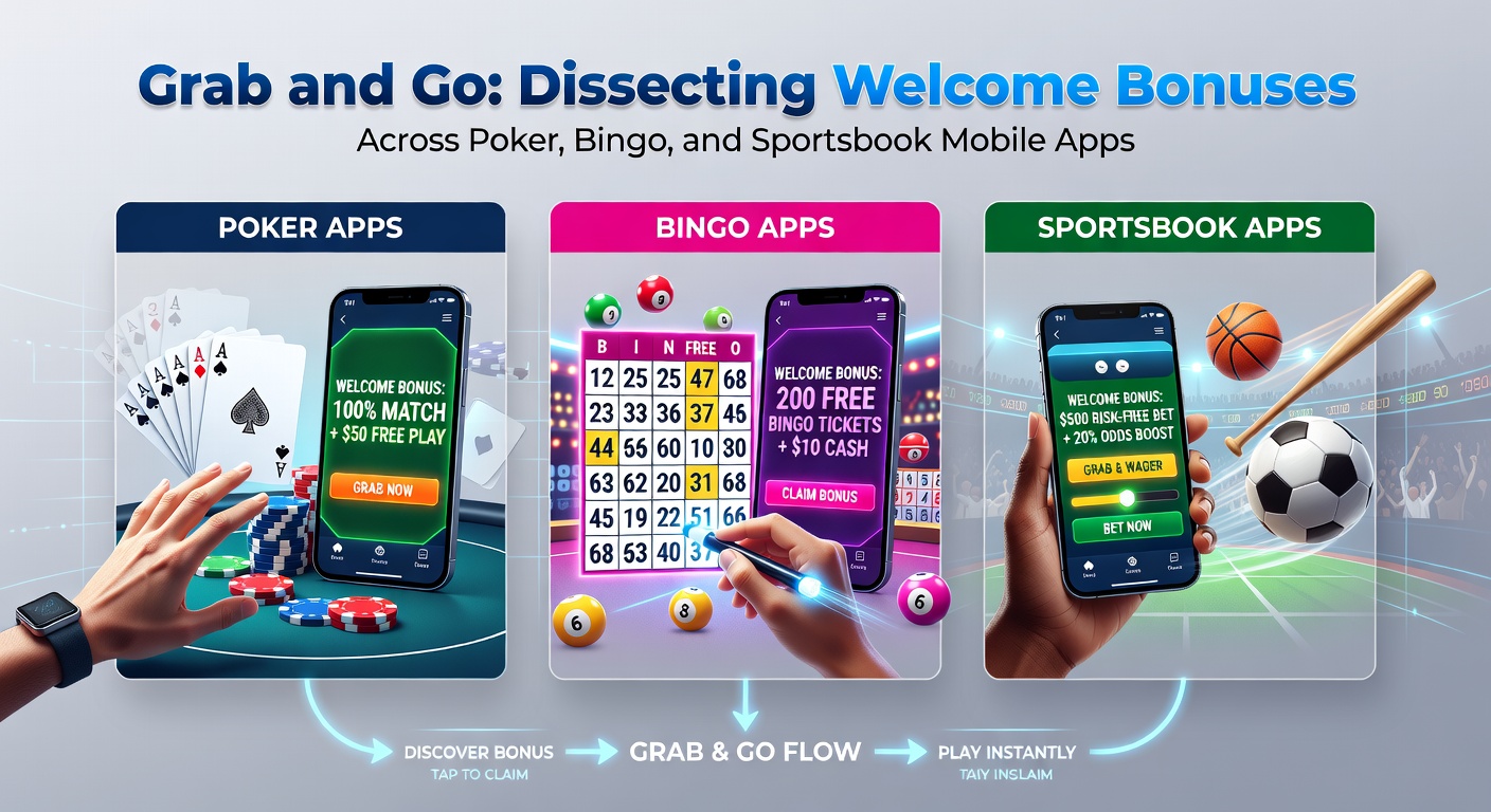Smartphone displaying poker, bingo, and sportsbook apps with highlighted welcome bonus notifications