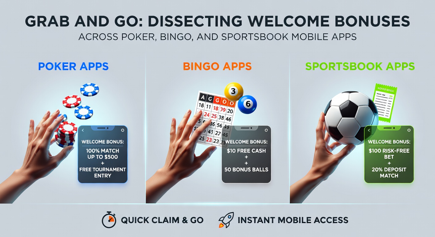 Comparative chart of welcome bonuses showing poker tickets, bingo free plays, and sportsbook free bets on mobile screens