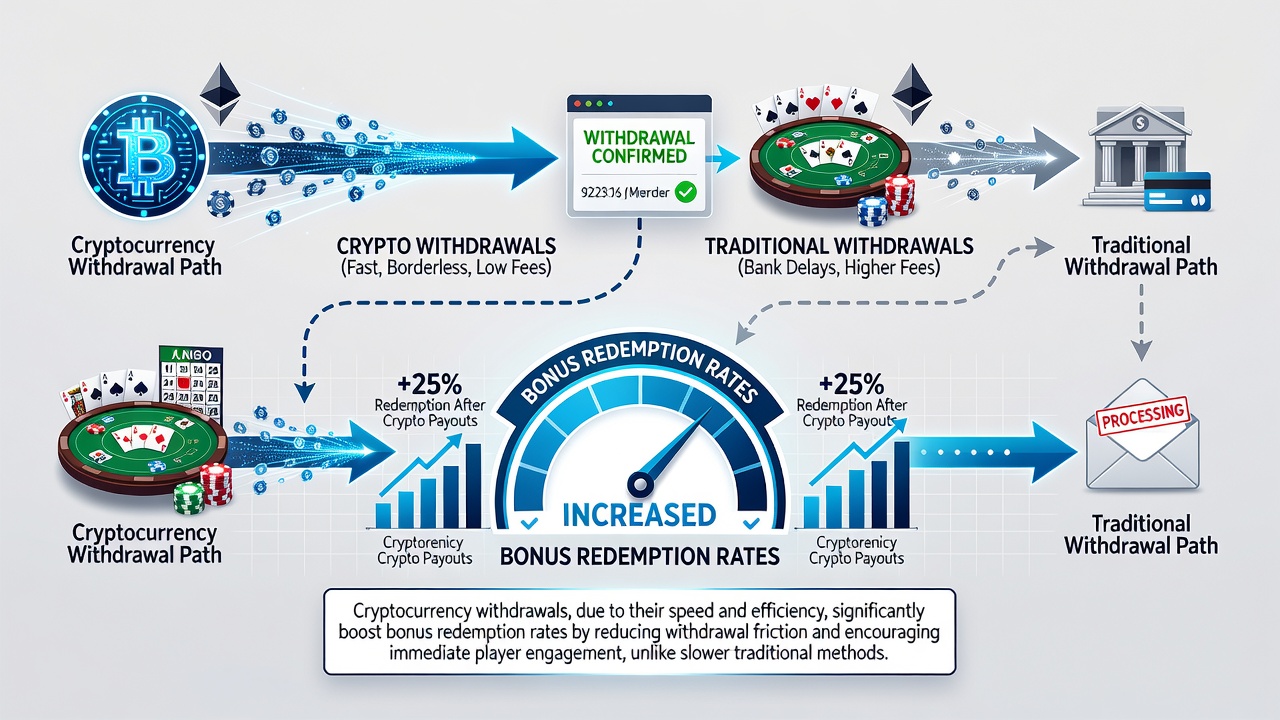 Graph showing rising bonus redemption rates alongside cryptocurrency withdrawal adoption at gaming sites