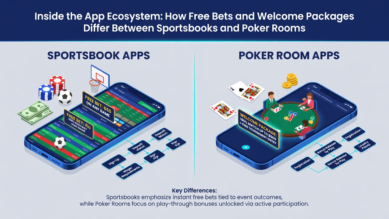 Mobile poker app displaying welcome package breakdown with tournament tickets and deposit match details