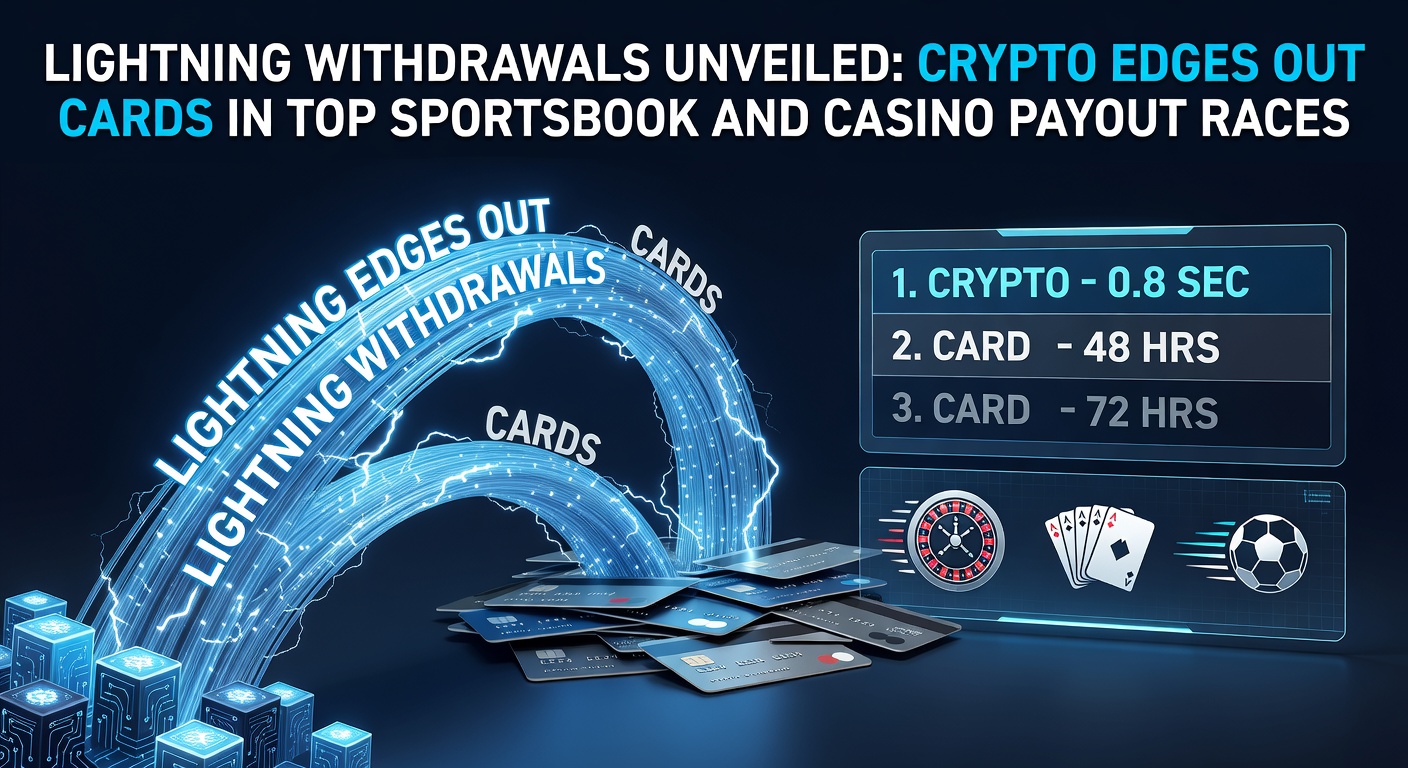 Digital illustration of lightning bolts striking cryptocurrency icons amid speeding race cars on a sportsbook track, symbolizing rapid crypto payouts overtaking traditional card methods