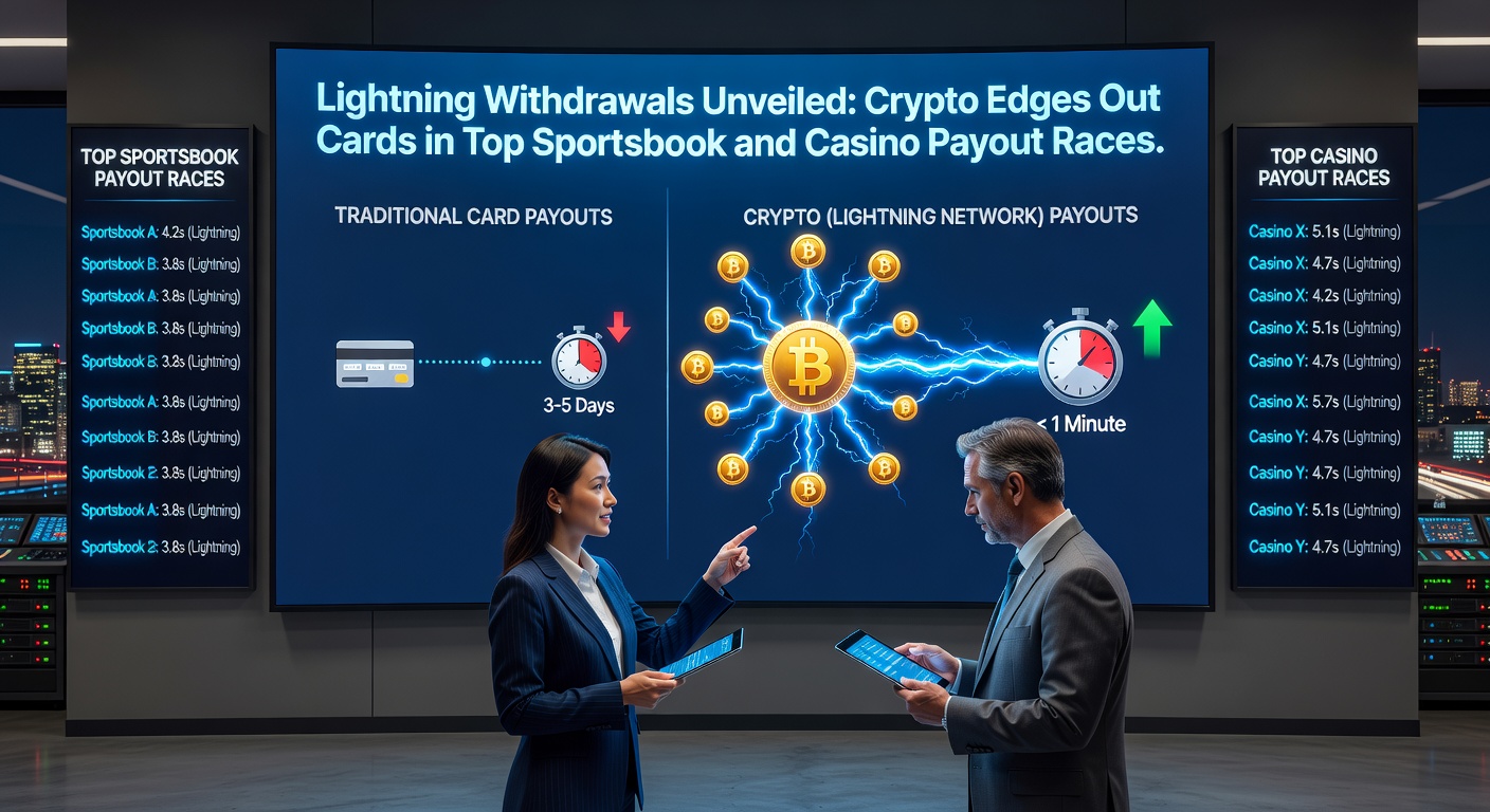 Close-up graph comparing payout timelines: green crypto bars shooting up instantly against red card bars stretching into days, overlaid on a casino roulette wheel and sportsbook odds board