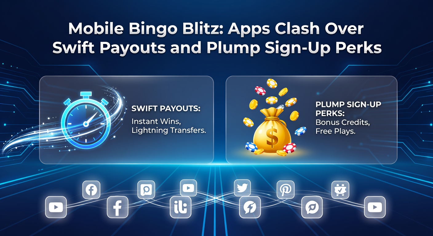 Vibrant mobile bingo app screens displaying colorful bingo cards, spinning daubers, and flashing bonus notifications amid competitive payout icons