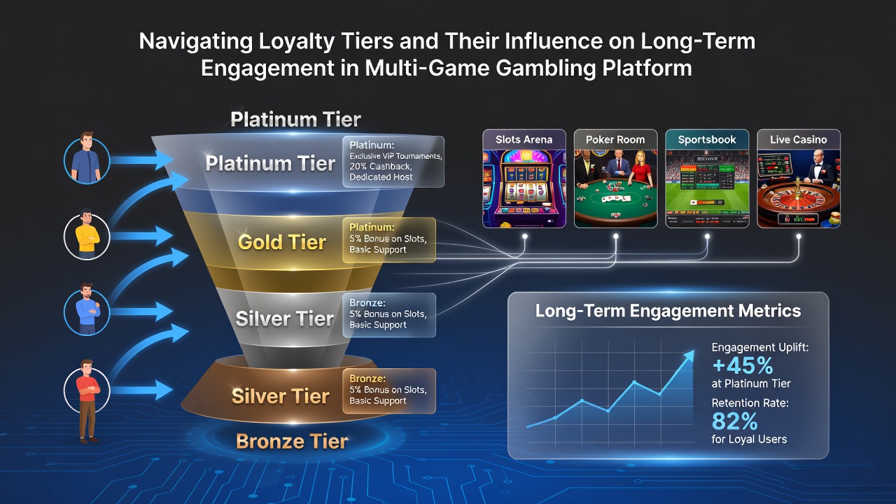 Screenshot showing tier benefits dashboard with points tracker and reward categories in a multi-game app