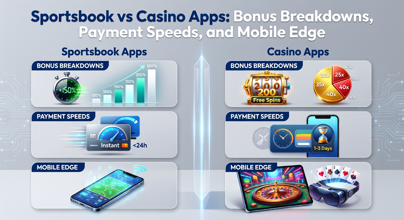 Smartphone displaying a sportsbook app on one side and a casino app on the other, highlighting bonuses and fast payments