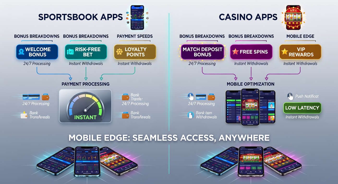 Comparison chart on a mobile screen showing lightning-fast payment icons for sportsbooks and casino apps, with clocks indicating withdrawal times