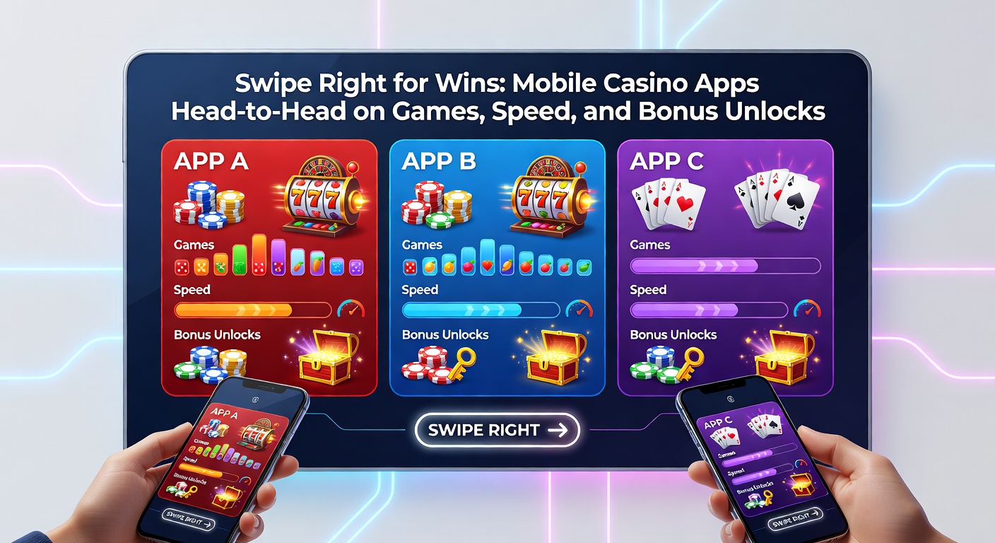 Side-by-side comparison of mobile casino apps on phones, showing speed tests with clocks, graphs of load times, and smooth gameplay footage