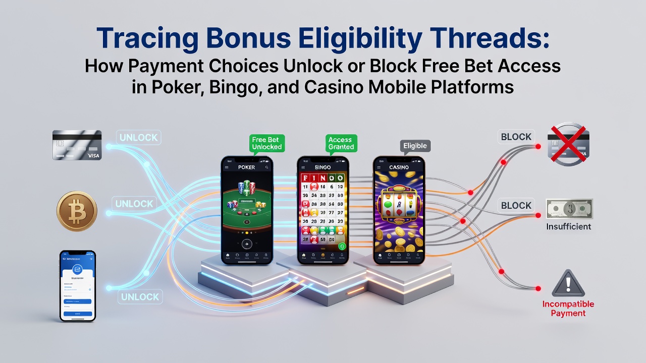 Mobile device showing poker, bingo, and casino apps with payment method icons overlayed on bonus eligibility indicators