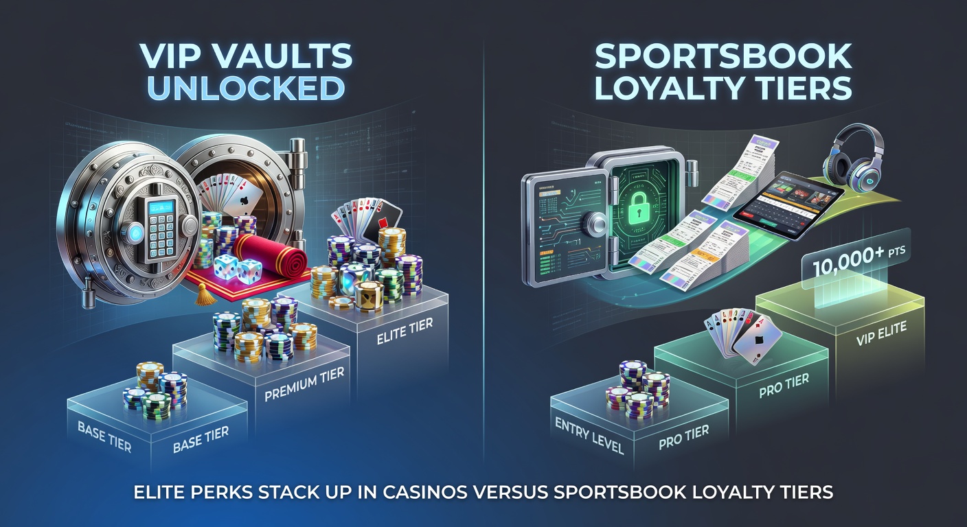 Glitzy casino VIP lounge with exclusive perks display, contrasting sportsbook betting screens with loyalty tier badges