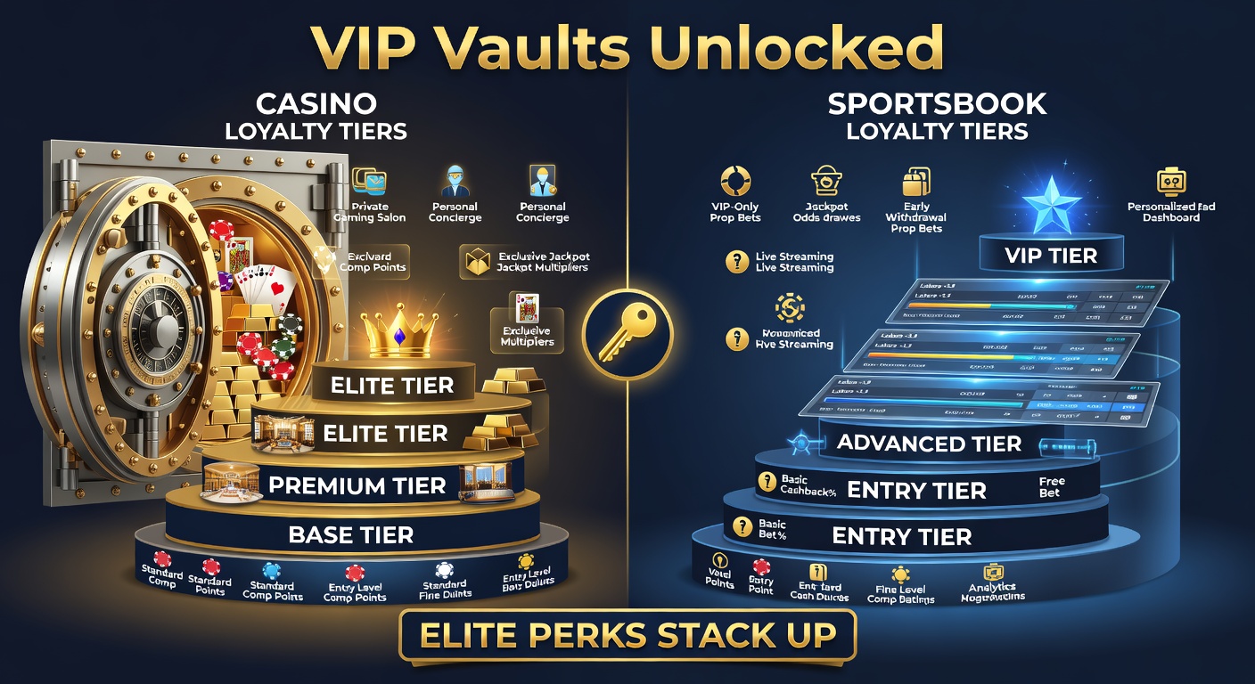 Sportsbook VIP dashboard showing tier progression with odds boosts and cashback icons, next to casino loyalty card perks